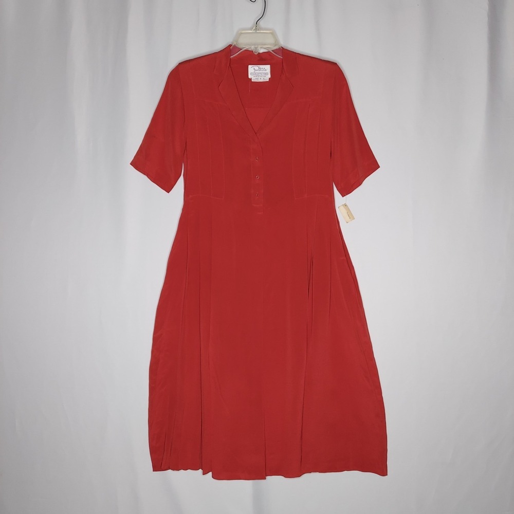 Charlotte Ford 60s Silk Dress 8 Orange Silk Button Collar Short Sleeve Modest